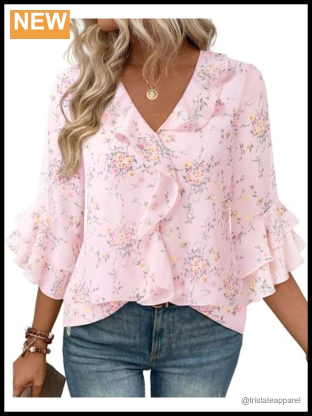 Women's Dressy Casual Ruffle V-Neck Blouse 3/4 Sleeve Work Tunic Top